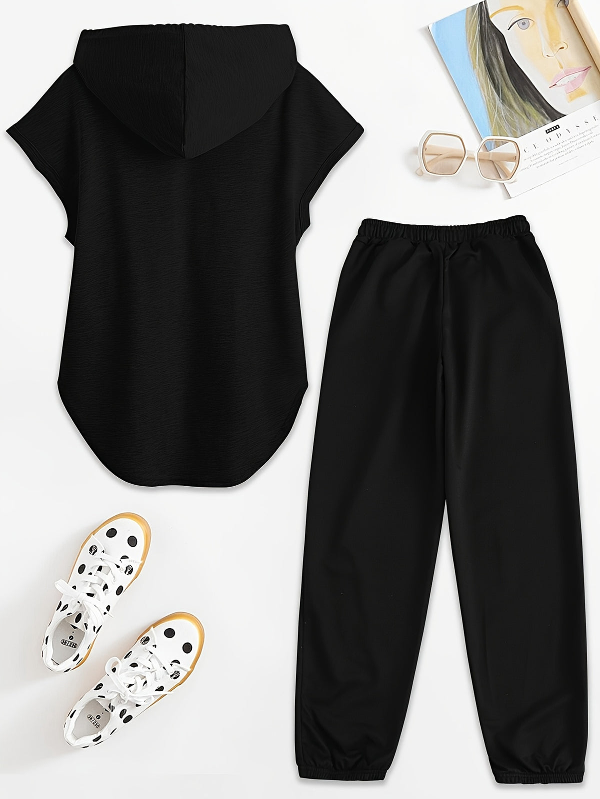Women'S Two-Piece Drawstring Sleeveless Hooded Top And Summer Letter Print Pants, Elastic Waist Casual Pants, Pants Set - Black