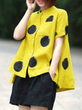 Women'S Vintage Polka Dot Print Shirt - Short Sleeve, Stand Collar, Button-Up Top with Asymmetrical Hem, Black & Orange, Casual Summer Blouse for Adults, Casual Summer Wear | Vintage Style Shirt | Nonstretch Fabric - Yellow
