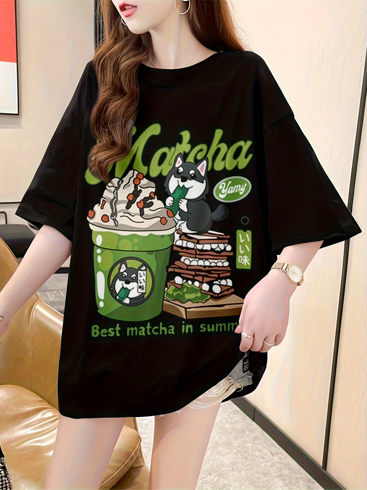 New Summer Collection of Plus-Size Loose-Fitting Stylish Cartoon Print Women'S Mid-Length Short-Sleeve T-Shirts - Black