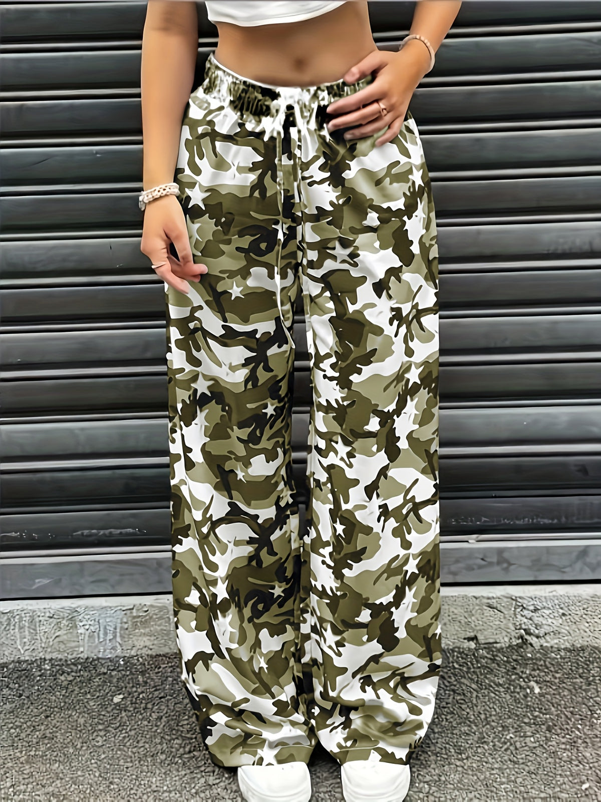 YY0720291 Women'S Casual Camo Print Drawstring Wide-Leg Pants - Army Green