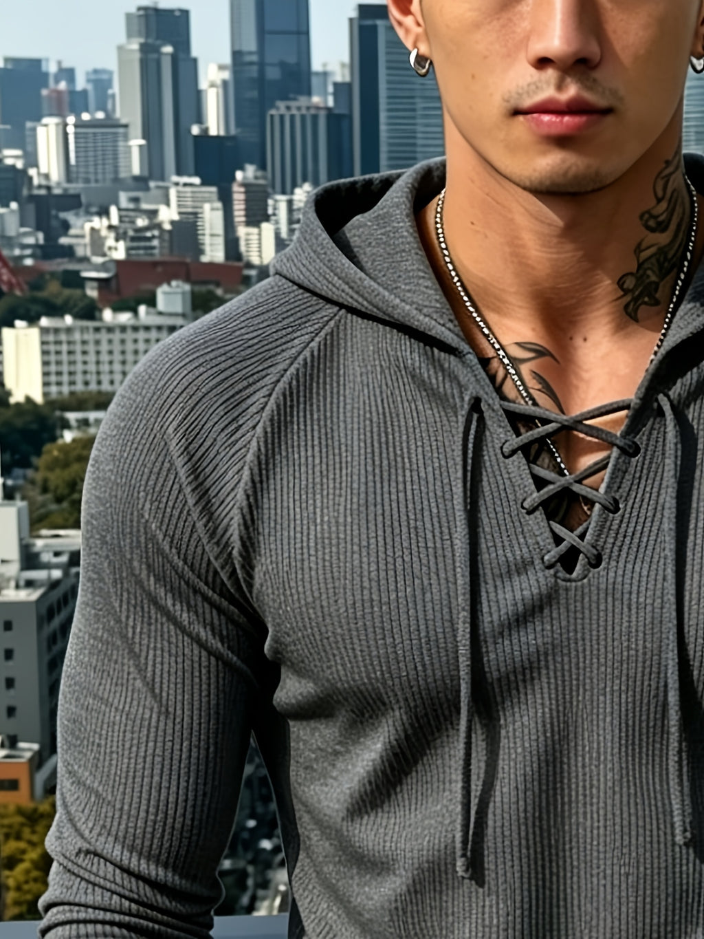 [Josh Mei OBM] Sexy Men'S Nightclub Style Deep V-Neck Lace-Up Hooded Top, Slimming And Flattering, Date Party Statement Piece, Bad Boy Style - Dark Gray