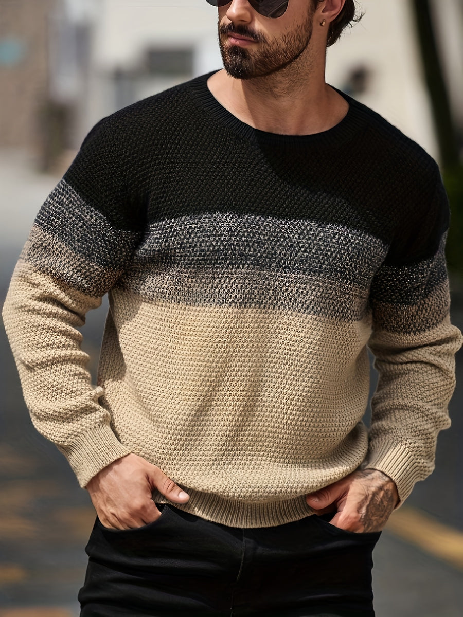 JANE DRESSINGLOG Men's Autumn/Winter Gradient Color Block Design Trendy Knit Pullover, Men's Contrast Color Knit Sweater - Black Apricot