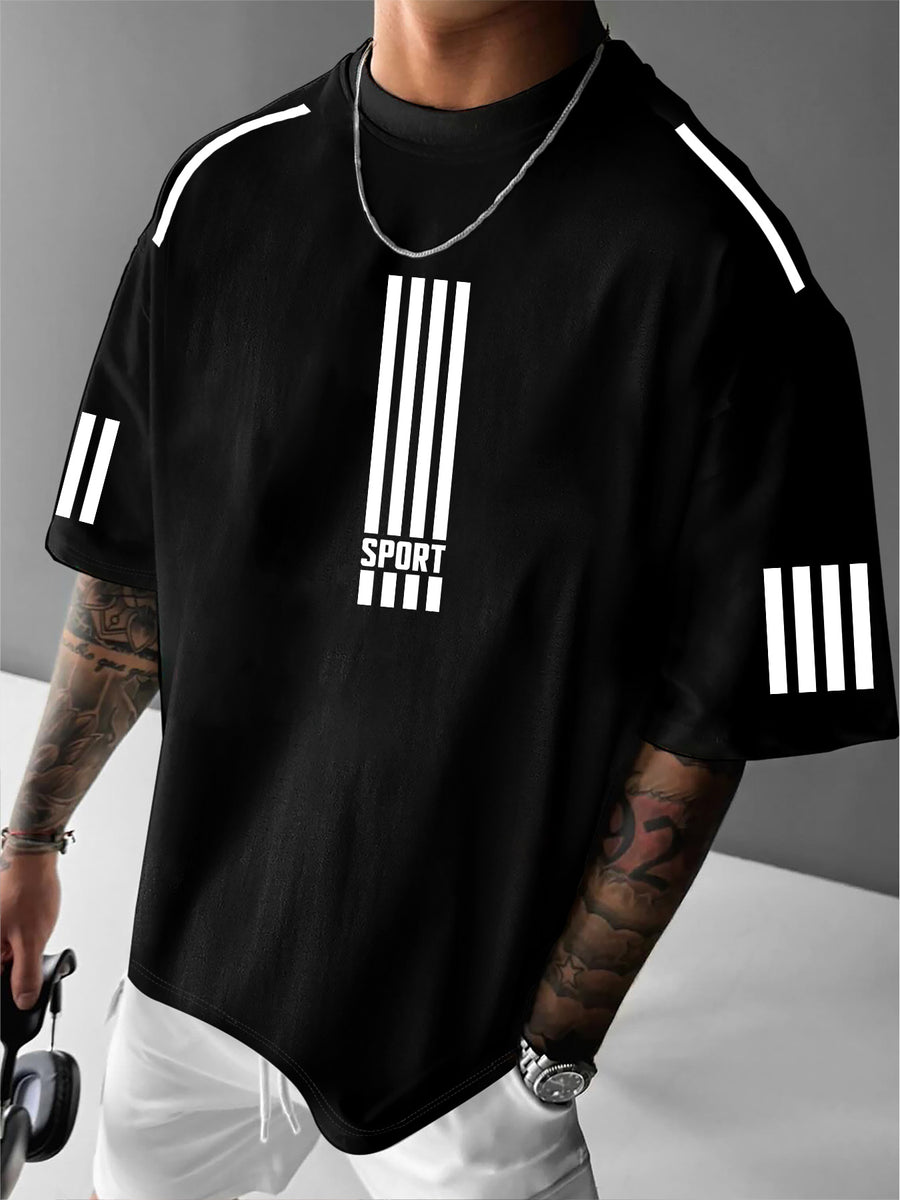 Men'S Sport Print T-Shirt, Casual Street Style, Fashionable And Versatile, Summer Short-Sleeve Round Neck Top, Suitable for Sports Enthusiasts And Urban Symbol Lovers - Black