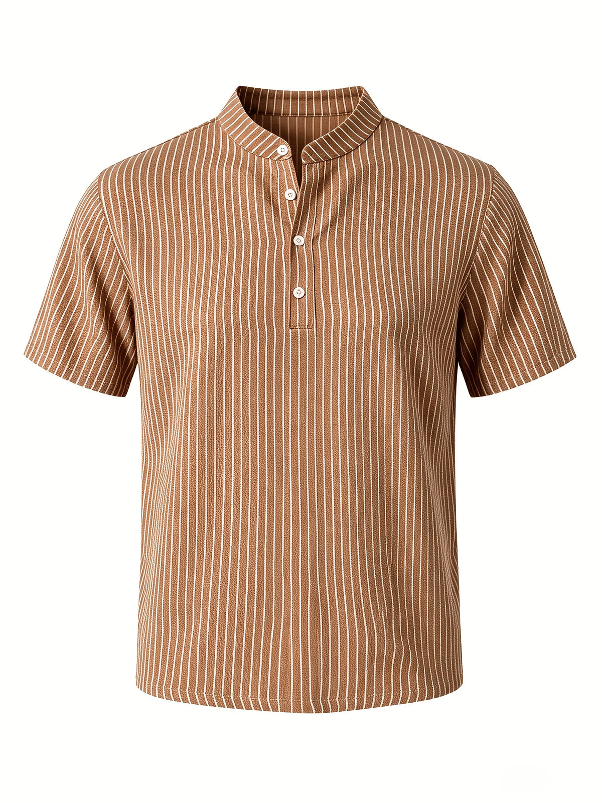1pc Men'S Striped Short-Sleeve Henley Shirt, Lightweight Breathable Half-Button Casual Top, Linen Blend Regular Fit, Multi-Color Available, Suitable for Daily Wear, Travel, Vacation, And Home Leisure - Rust