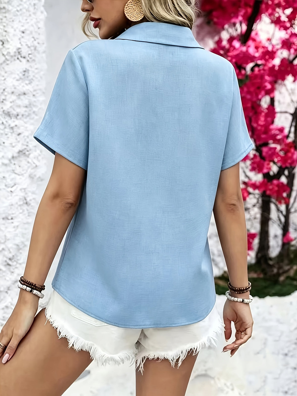 Women's Casual Solid Color Short Sleeve Spring/Summer Shirt Short Sleeve Top - Sky Blue