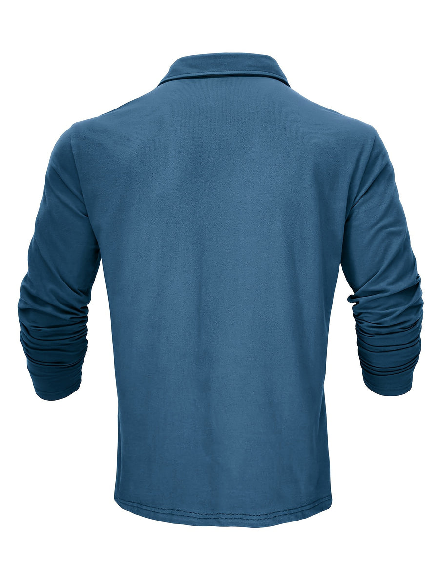 New Style Lapel European And American Style Men'S T-Shirt, Solid Color, Cross-Border Foreign Trade Men'S Long-Sleeve Polo Shirt - Cow Blue