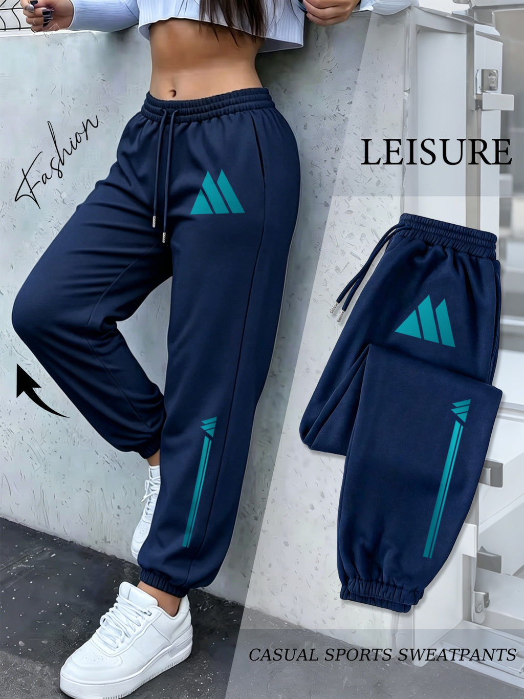 Turquoise Blue Mountain Triangle Geometric Vertical Stripe Print Ankle-Cinching Joggers Women'S High-Waist Drawstring Loose Outdoor Casual Trousers - Navy Color