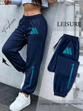 Turquoise Blue Mountain Triangle Geometric Vertical Stripe Print Ankle-Cinching Joggers Women'S High-Waist Drawstring Loose Outdoor Casual Trousers - Navy Color