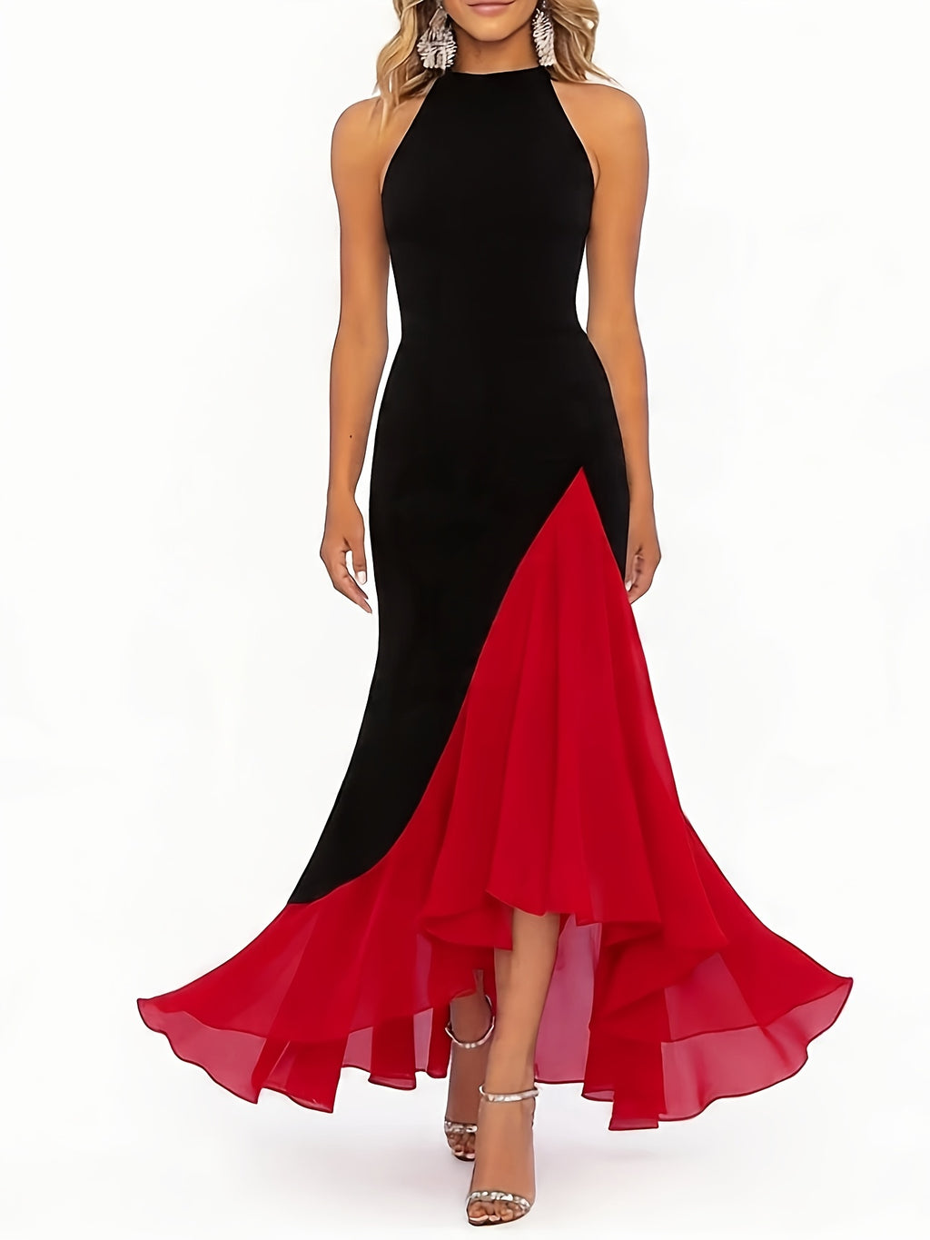 New Women's Black and Red Color-Blocked Sleeveless Spaghetti Strap Long Dress, Fashionable High-Waist Low-Cut Elegant Party Gown, Horizontal Style: WY260329023 - Mixed colors