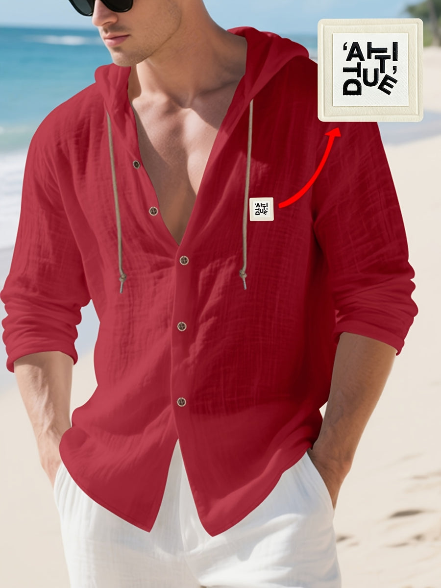 Men'S Casual Linen Hooded Shirt, Lightweight Breathable Fabric, Relaxed Fit Long Sleeve Design, Button Front Closure, Adjustable Drawstring Hood, Comfortable Pullover Style for Beach Vacations, Resort Travel, Yacht Trips, Camping, Outdoor Activities - Red