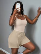 Women'S New Casual Camisole Knit Elastic Vest And Striped Textured Shorts 2pcs Set - Apricot