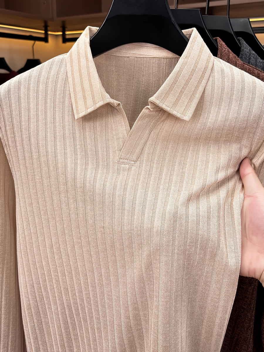 Men's Buttonless V-Neck Long-Sleeve Polo Shirt with Vertical Stripe Knit Lapel - Off-white