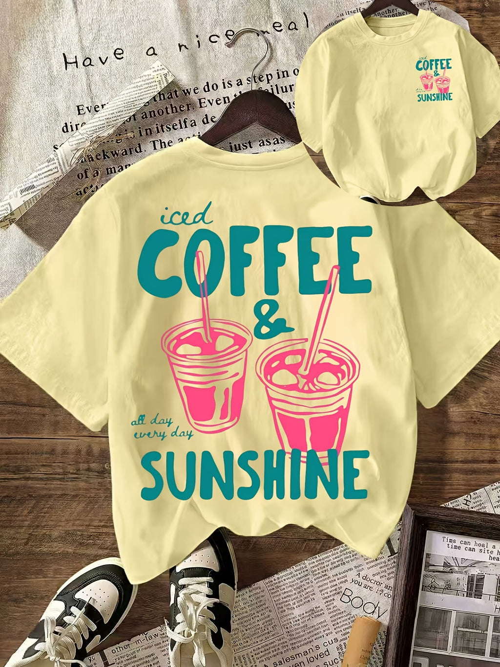 COFFEE CLUB Graphic T-Shirt Summer Outfit for Women Vacation Outfits Beach Outfits for Women, Women'S Casual Round Neck Short Sleeve T-Shirt - Light Yellow