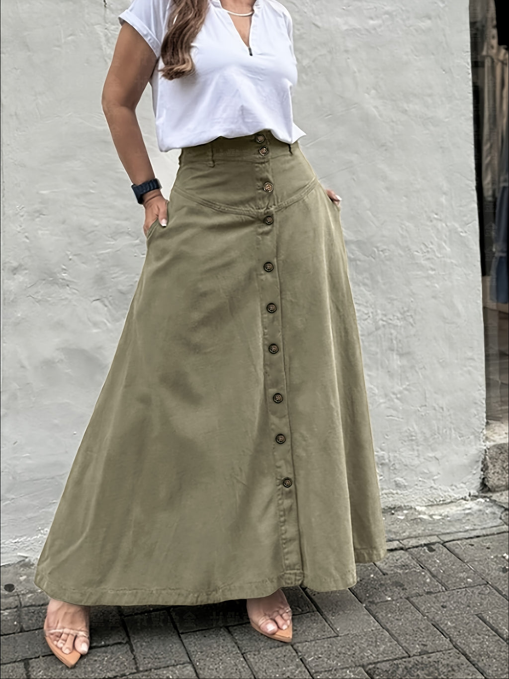Women's Elegant Solid Color High Waist Mid-Long Skirt, Fashionable and Practical with Pockets and Button Front Slit A-line Skirt, Can be Worn in Spring, Summer, Autumn and Winter - Olive