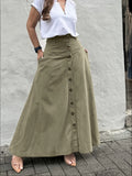 Women's Elegant Solid Color High Waist Mid-Long Skirt, Fashionable and Practical with Pockets and Button Front Slit A-line Skirt, Can be Worn in Spring, Summer, Autumn and Winter - Olive