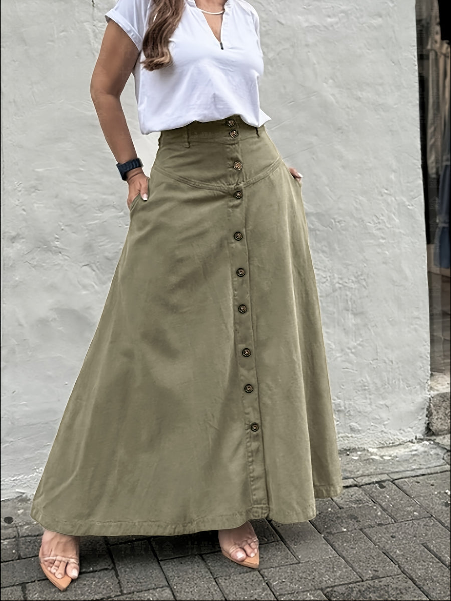 Women's Elegant Solid Color High Waist Mid-Long Skirt, Fashionable and Practical with Pockets and Button Front Slit A-line Skirt, Can be Worn in Spring, Summer, Autumn and Winter - Olive