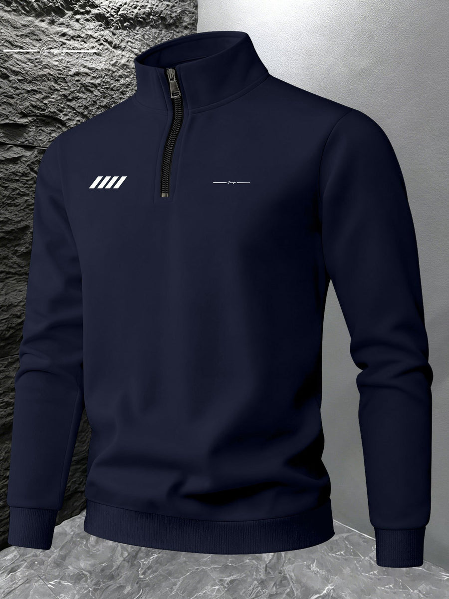 Men'S Spring Autumn Stand Collar Half-Zip Pullover Sweater, Easy Line Pattern Print, Men'S Athletic Long Sleeve, Spring Autumn Casual Top, Breathable Casual Athletic Sweatshirt - Navy Color