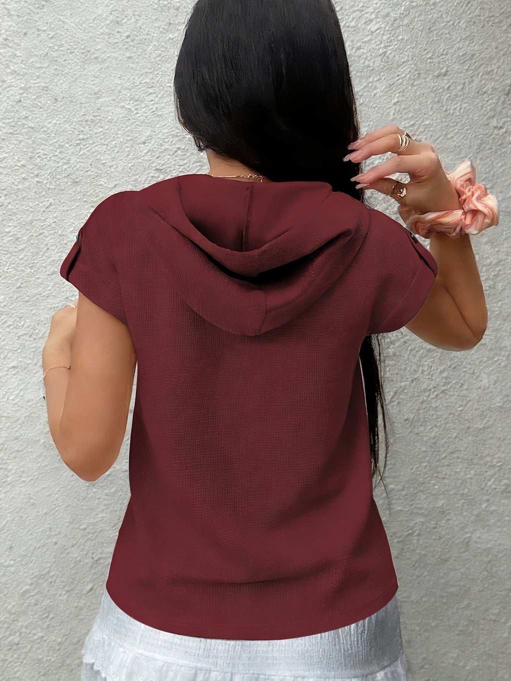 2026 New Women's Hoodie with Waffle Fabric Patchwork, Short Sleeves, Decorative Buttons, and Hood - Burgundy color