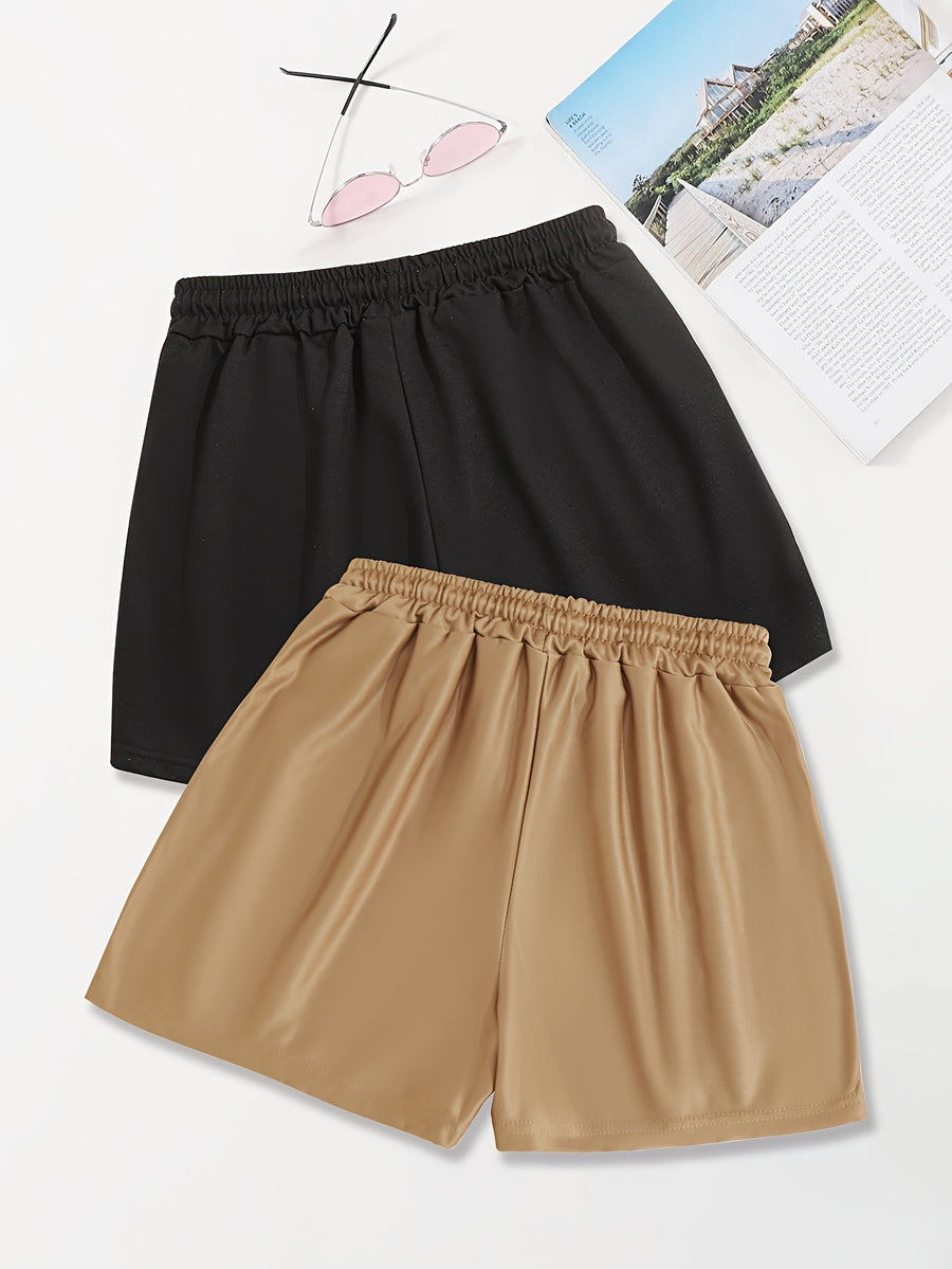 2pcs,Letter Print Drawstring Shorts, Casual Shorts, Women's Clothing - Brown+black