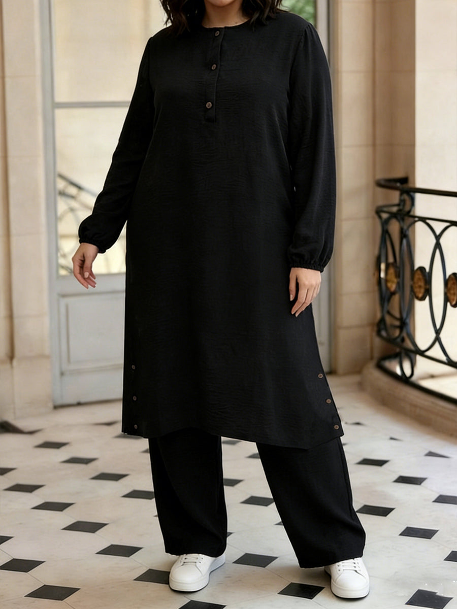 Eid Elegant Muslim 2pcs Jilbab/Abayas Set | Wooden Button Abaya with Wide-Leg PantsDaily Modest Wear - Black