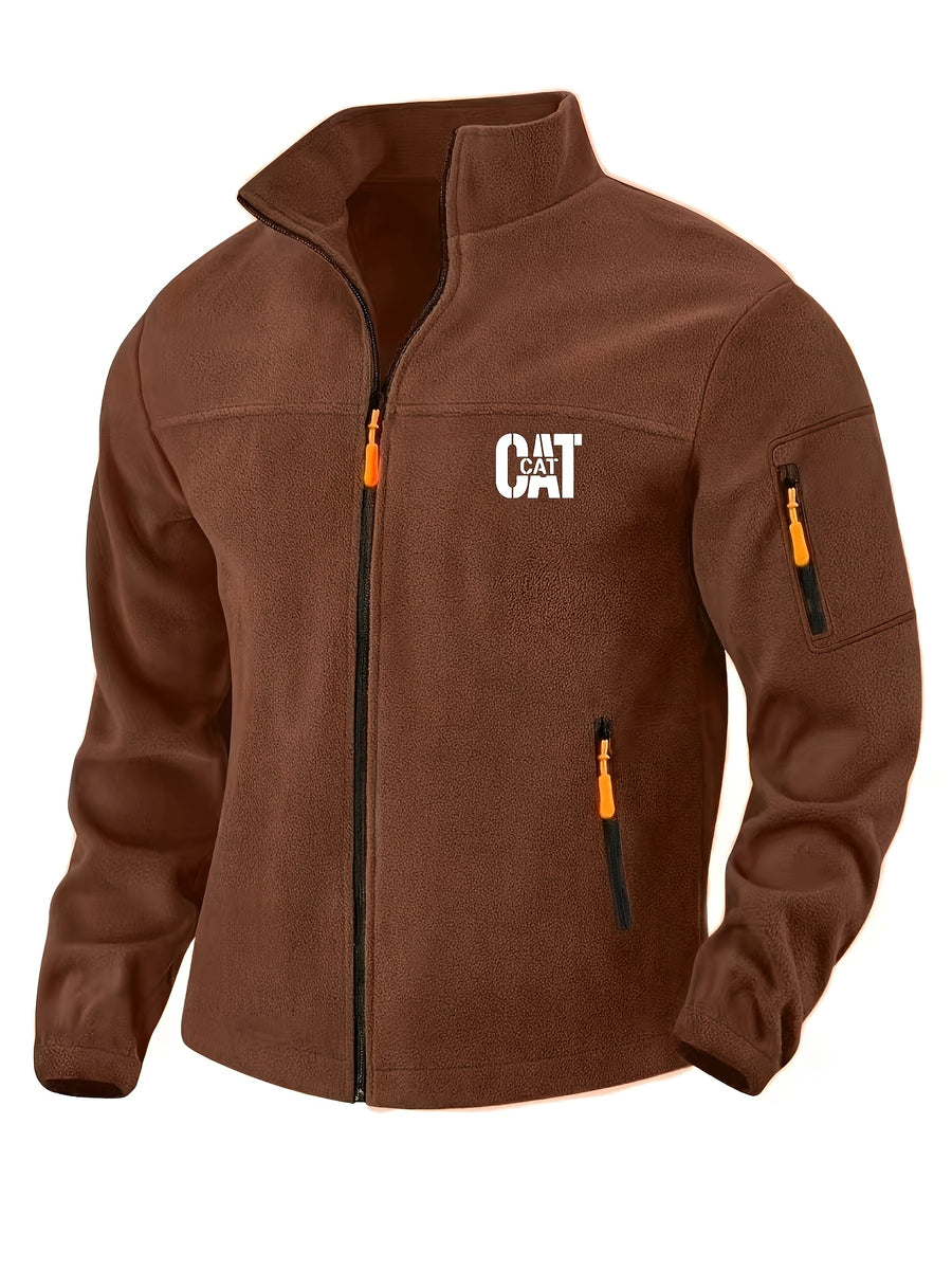 Men'S Autumn Winter New Fleece Lined Stand Collar Zipper Jacket, CAT Letter Print Long Sleeve Jacket, Multi-Pocket Design Casual Commute Trendy Top - Caramel Color 1