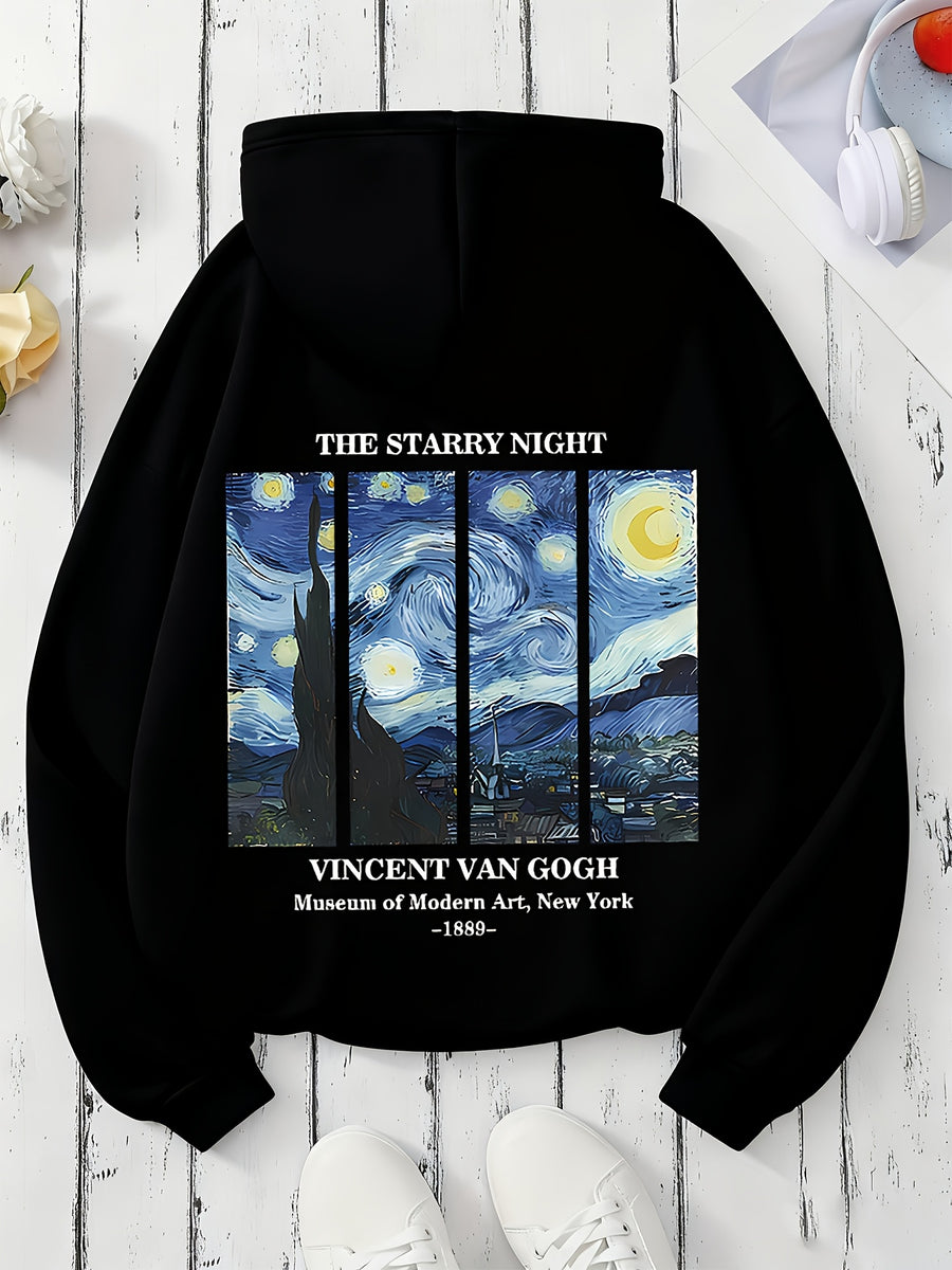 Women'S Autumn Winter All-Match Casual Hooded Sweatshirt, Starry Night Van Gogh Art Print Fashion Comfortable Jacket - Black