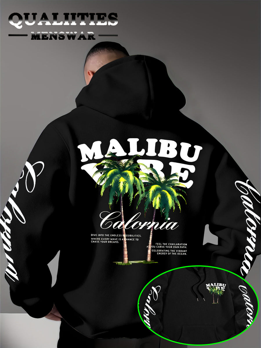 Men'S Casual Stylish Quality Hoodie Featuring The MALIBU VIBE Design with Two Palm Trees, Embodying The American California Beach Vibe Filled with Sunshine, Freedom, Knit - Black
