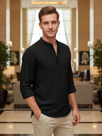 Men'S Linen Material Small Lapel Design Half-Open Button-Up Pullover Style Solid Color Casual Long Sleeve Shirt Suitable for Vacation Travel And Other Activities - Black