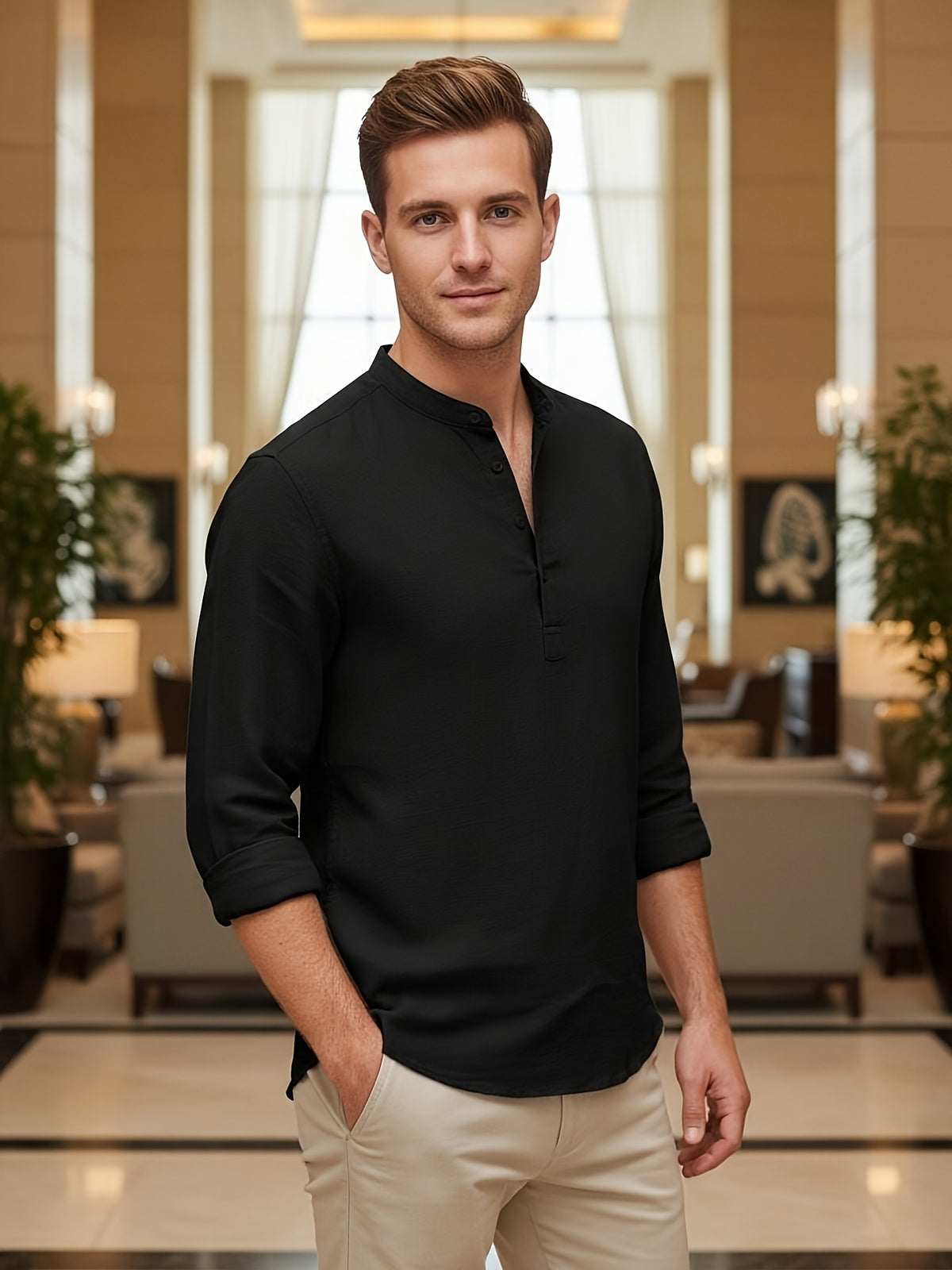 Men'S Linen Material Small Lapel Design Half-Open Button-Up Pullover Style Solid Color Casual Long Sleeve Shirt Suitable for Vacation Travel And Other Activities - Black