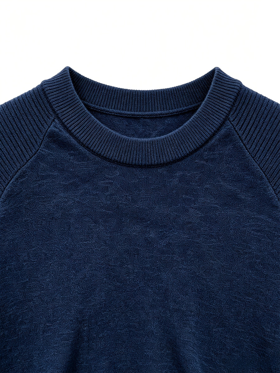 Men's Round Neck Raglan Sleeve Short Sleeve T-Shirt, Summer Breathable Solid Color Casual Versatile Business Short Sleeve Base Layer - Navy Color