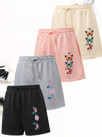 4-Pack Women'S Elegant Casual Shorts - Butterfly Print, Drawstring Loose Fit Summer Vacation Pants, Machine Washable - Black+grey+pink+apricot
