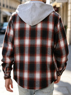 Men'S Hooded Plaid Shirt Jacket, Classic Color-Block Checkered Design, Layered And Practical, Loose Drop Shoulder Fit, Easy And Elegant Chest Pocket Detail, Suitable for Spring/Autumn Daily Commute, Casual Outings, And Dates - Black Orange Grid
