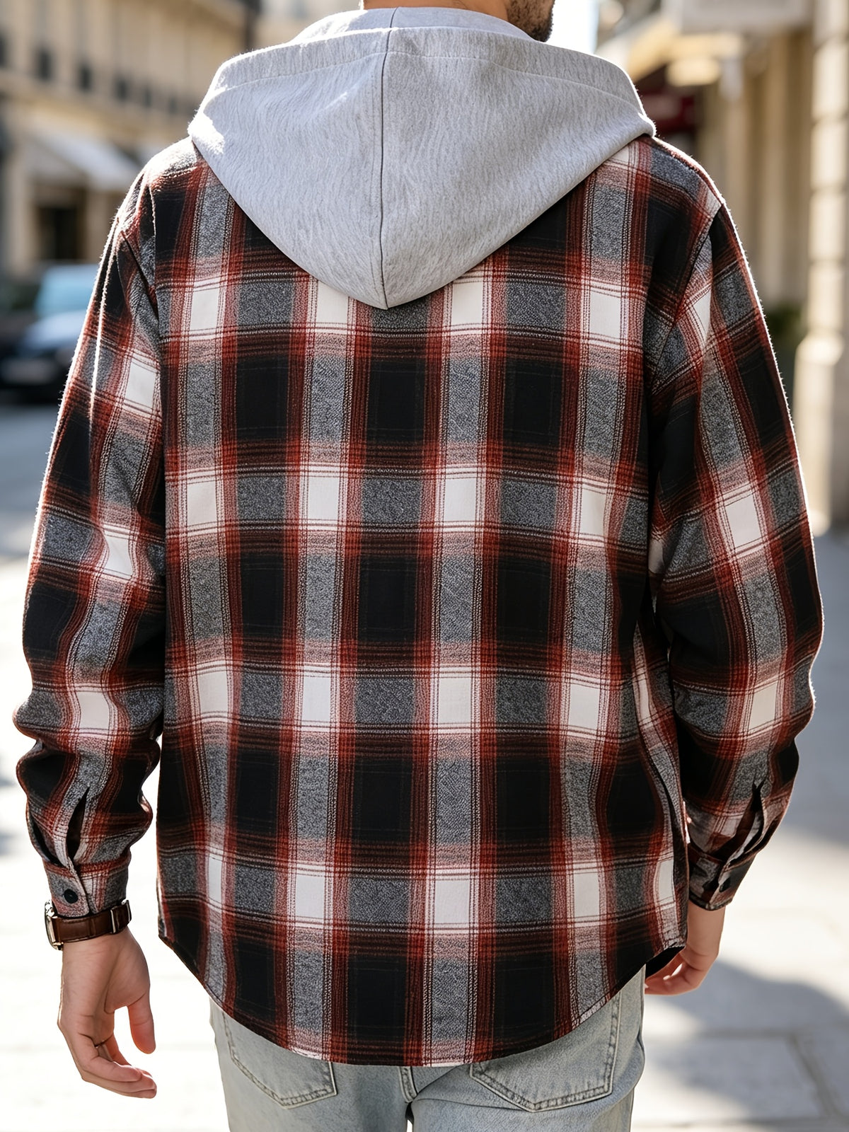 Men'S Hooded Plaid Shirt Jacket, Classic Color-Block Checkered Design, Layered And Practical, Loose Drop Shoulder Fit, Easy And Elegant Chest Pocket Detail, Suitable for Spring/Autumn Daily Commute, Casual Outings, And Dates - Black Orange Grid