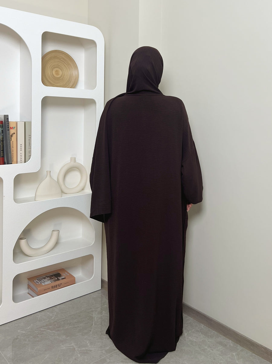 IRONFREE Elegant Crepe Hooded Abaya Hijab with Attached Scarf & Pockets - Modest Long Sleeve Full Coverage Prayer Dress, Machine Washable Medium Stretch Solid Color All-Season Traditional Muslim Women's Clothing, Muslim Clothes, Modest Apparel, Medium - Reddish Brown
