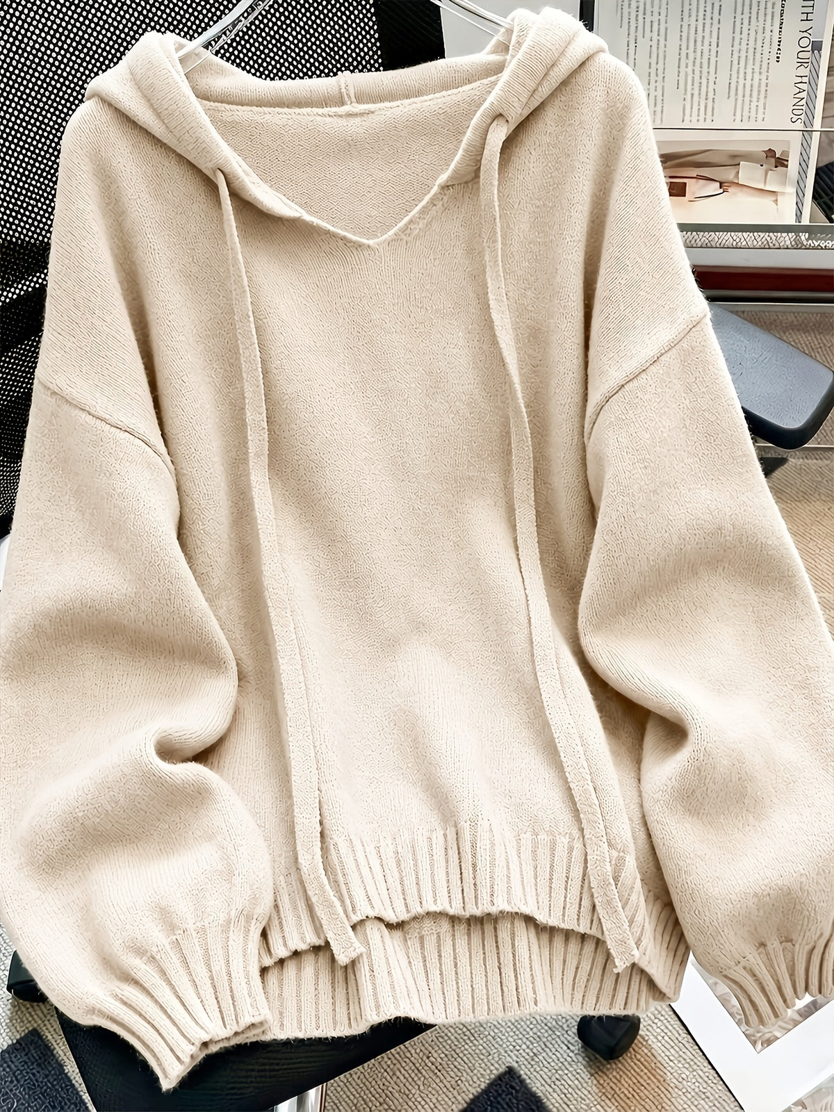 Korean-style Loose Fit Casual Hooded Sweatshirt, Autumn/Winter Solid Color Simple Versatile Drop Shoulder Lantern Sleeve Hoodie, 2026 New Fashion Women's Clothing - Khaki