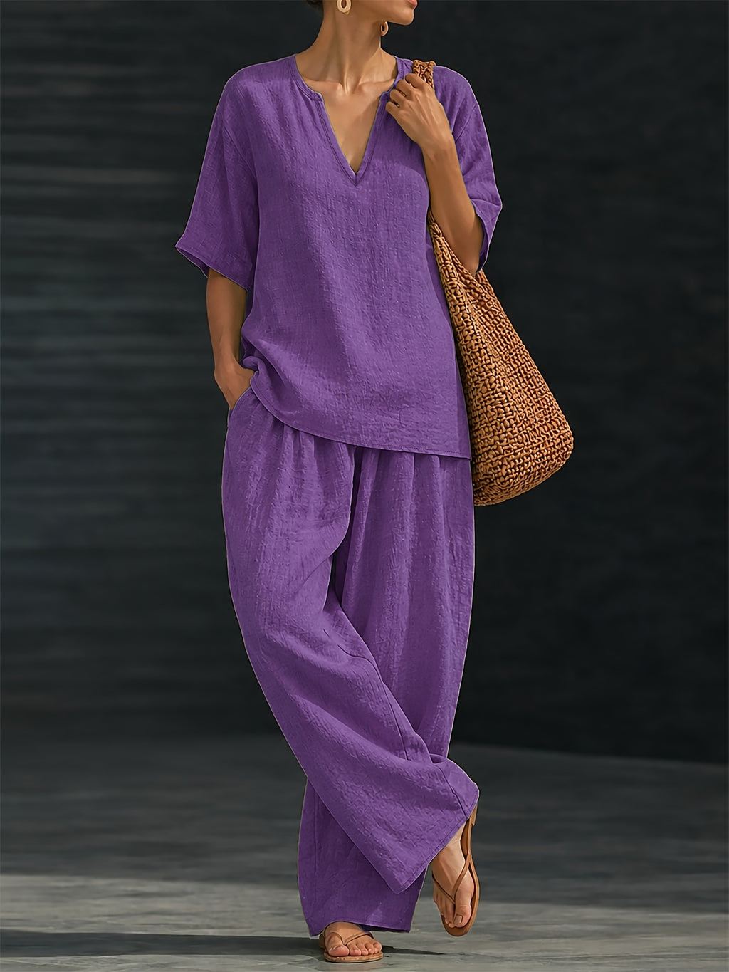 Women's Summer Casual 2pcs Set: Loose V-Neck Top + Wide-Leg Pants - Purple