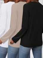 3pcs Long Sleeve Solid Color Women'S T-Shirts, Casual Holiday Outing Versatile Fall Winter Top Round Neck - White + Apricot + Black