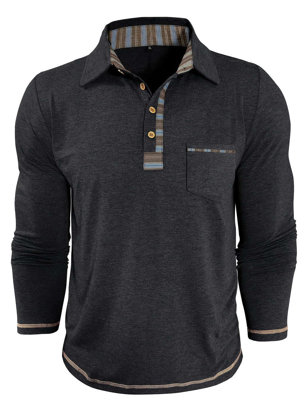 Men'S Retro Trendy Fashion Lapel Long Sleeve Polo Shirt, Casual Stylish Pocket Top T-Shirt - Black