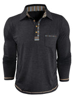 Men'S Retro Trendy Fashion Lapel Long Sleeve Polo Shirt, Casual Stylish Pocket Top T-Shirt - Black