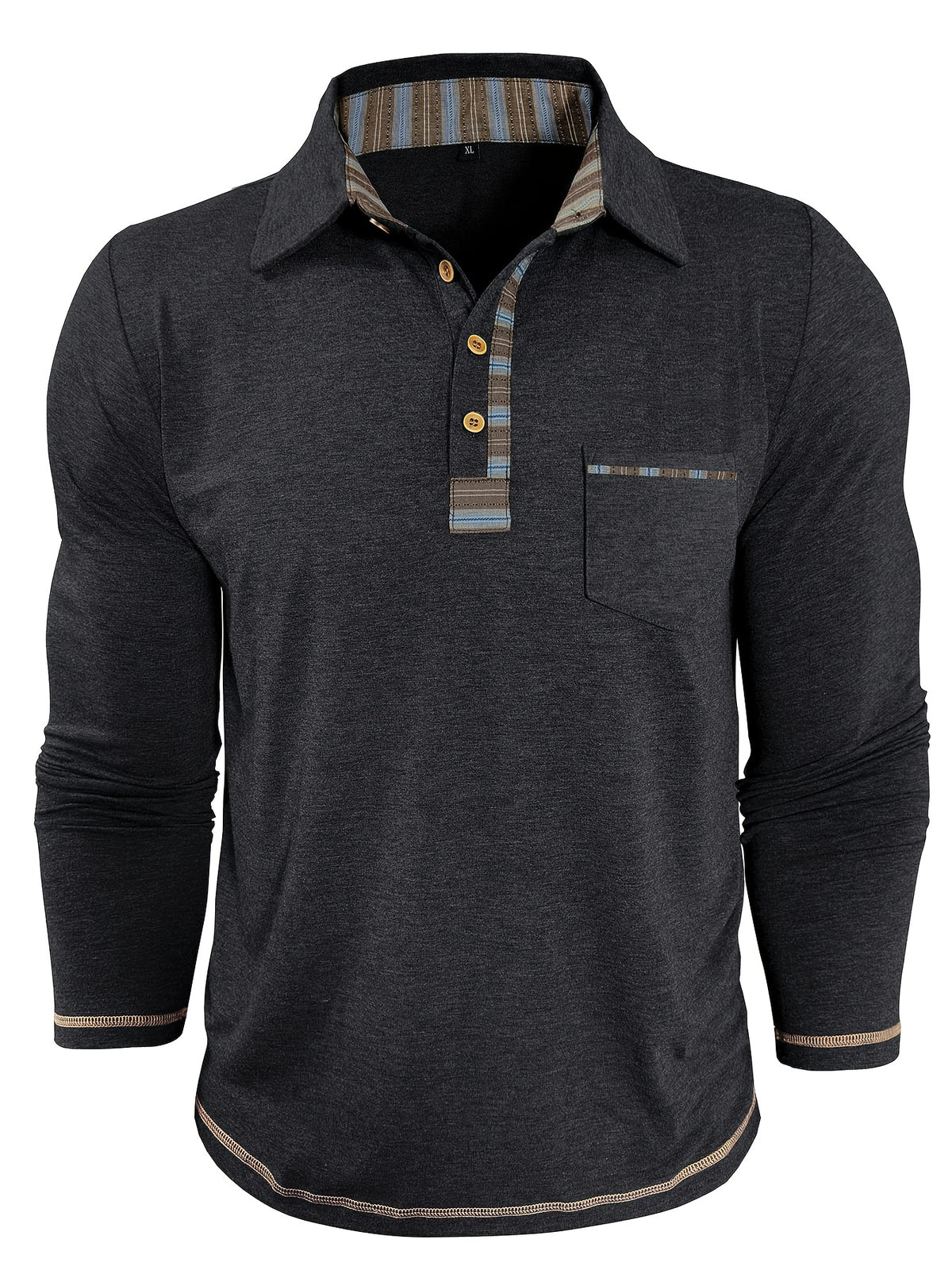 Men'S Retro Trendy Fashion Lapel Long Sleeve Polo Shirt, Casual Stylish Pocket Top T-Shirt - Black