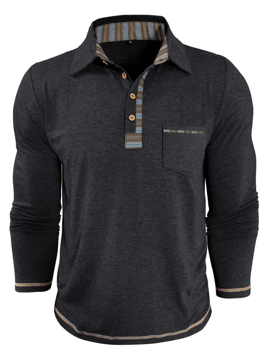 Men'S Retro Trendy Fashion Lapel Long Sleeve Polo Shirt, Casual Stylish Pocket Top T-Shirt - Black
