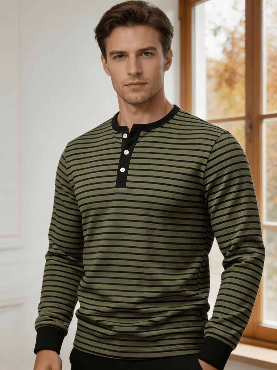 Men'S Round Neck Long Sleeve Henley Shirt, Classic Striped Button-Front Top, Ribbed Cuffs And Hem Breathable Soft Knit Pullover, Men'S Autumn Casual Shirt - Military Green