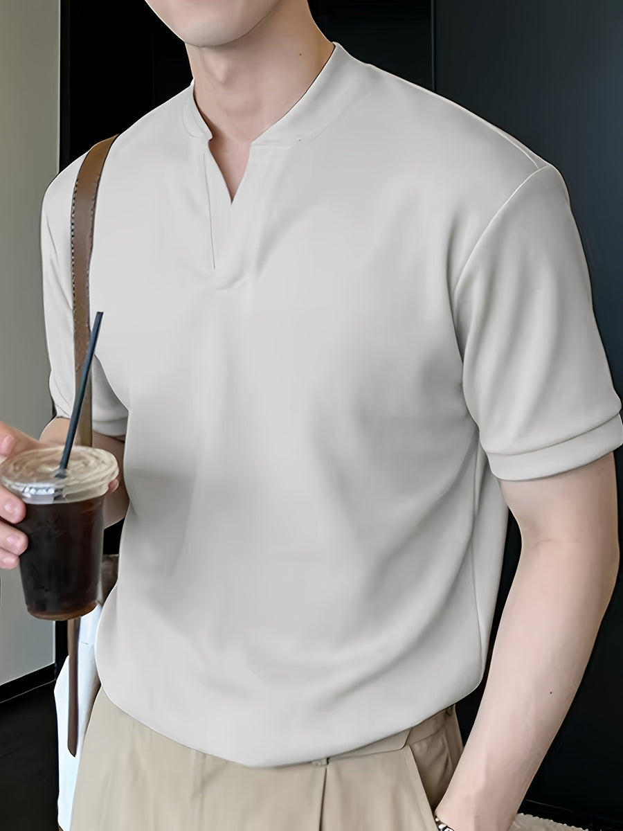 Josh Rose OBOM Men's Summer Fashion Solid Color V-Neck Short Sleeve Shirt, Comfortable and Breathable Cooling Fabric, Versatile for Outings, Sports, Daily Wear, and Fitness Clothing - Apricot