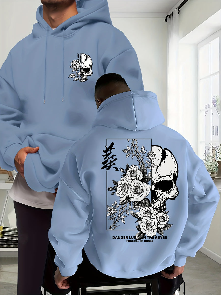 New Trendy Men'S Autumn And Winter Hooded Sweatshirt, Casual Everyday Drawstring Hoodie with Creative Design Print, Kangaroo Pouch Front Pocket, Unisex Tops - Light Blue