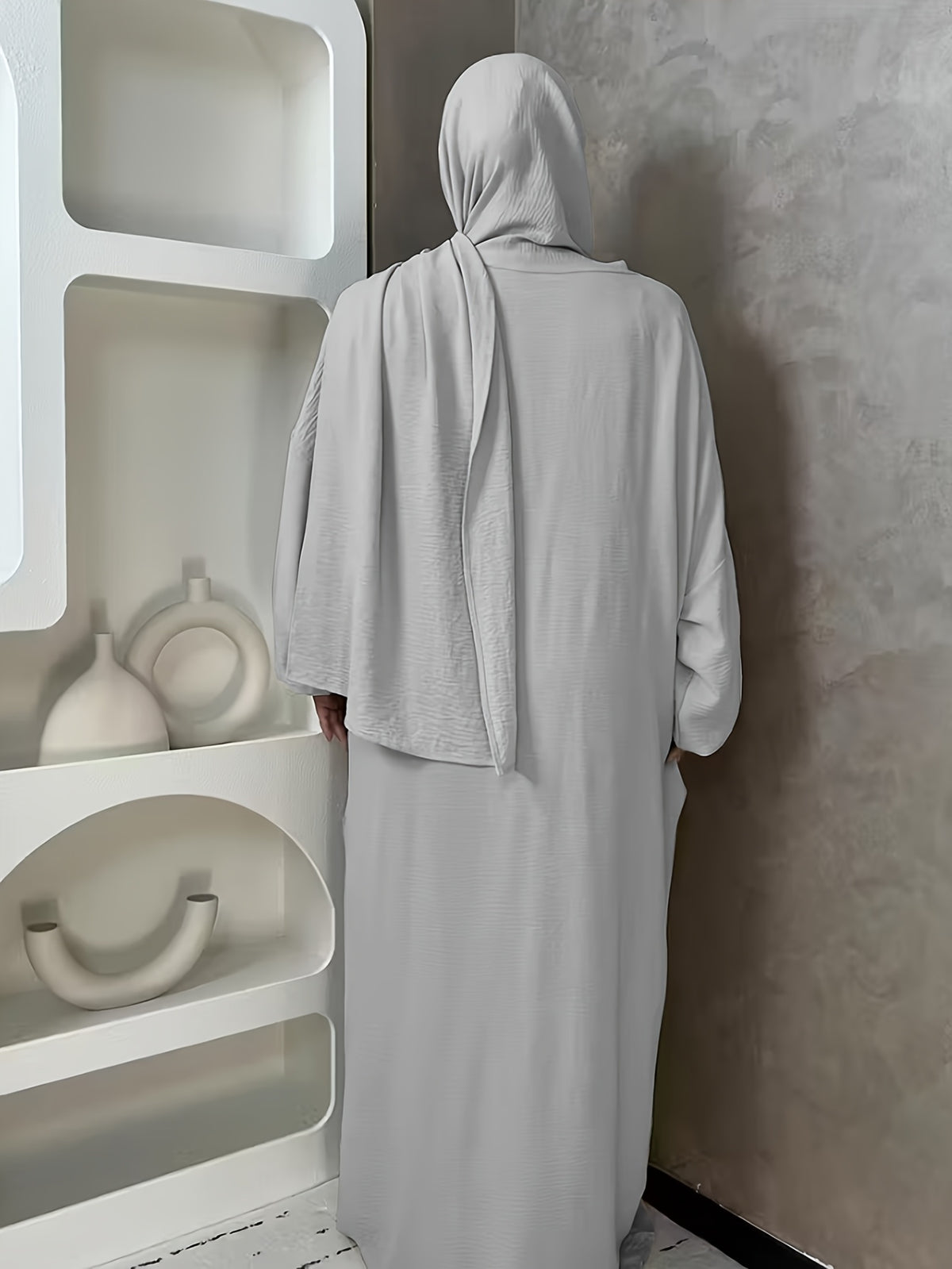 1pc And Abaya One-Piece Dress, Prayer Jilbab Fashionable, Elegant And Casual Solid-Colored Puff Sleeve Suitable for Daily Wear. Loose And Comfortable Women'S Abaya Robe - Light Grey