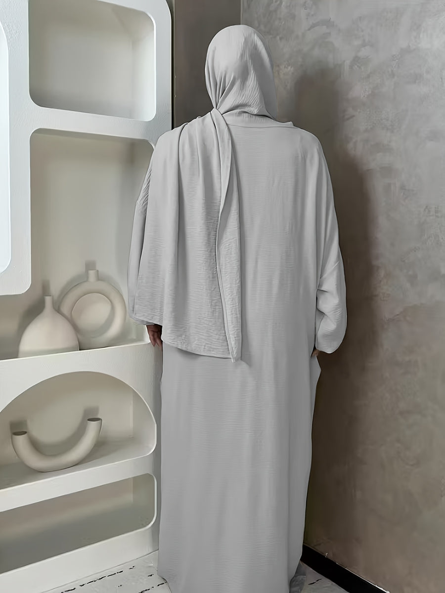 1pc And Abaya One-Piece Dress, Prayer Jilbab Fashionable, Elegant And Casual Solid-Colored Puff Sleeve Suitable for Daily Wear. Loose And Comfortable Women'S Abaya Robe - Light Grey