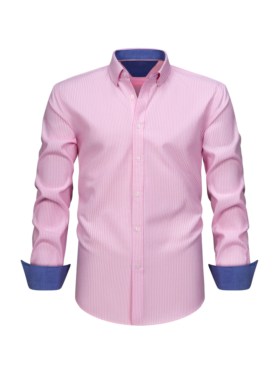 New Cotton Oxford Shirt for Men, Casual Fashion Long Sleeve with Collar and Cuff Patchwork Design, Comfortable and Fitted Business Loose Shirt, Button-Up Striped Dress Shirt, Long Sleeve Collared Striped Dress Shirt for Office Work, Fine Stripe Shirt - Foundation White Strips