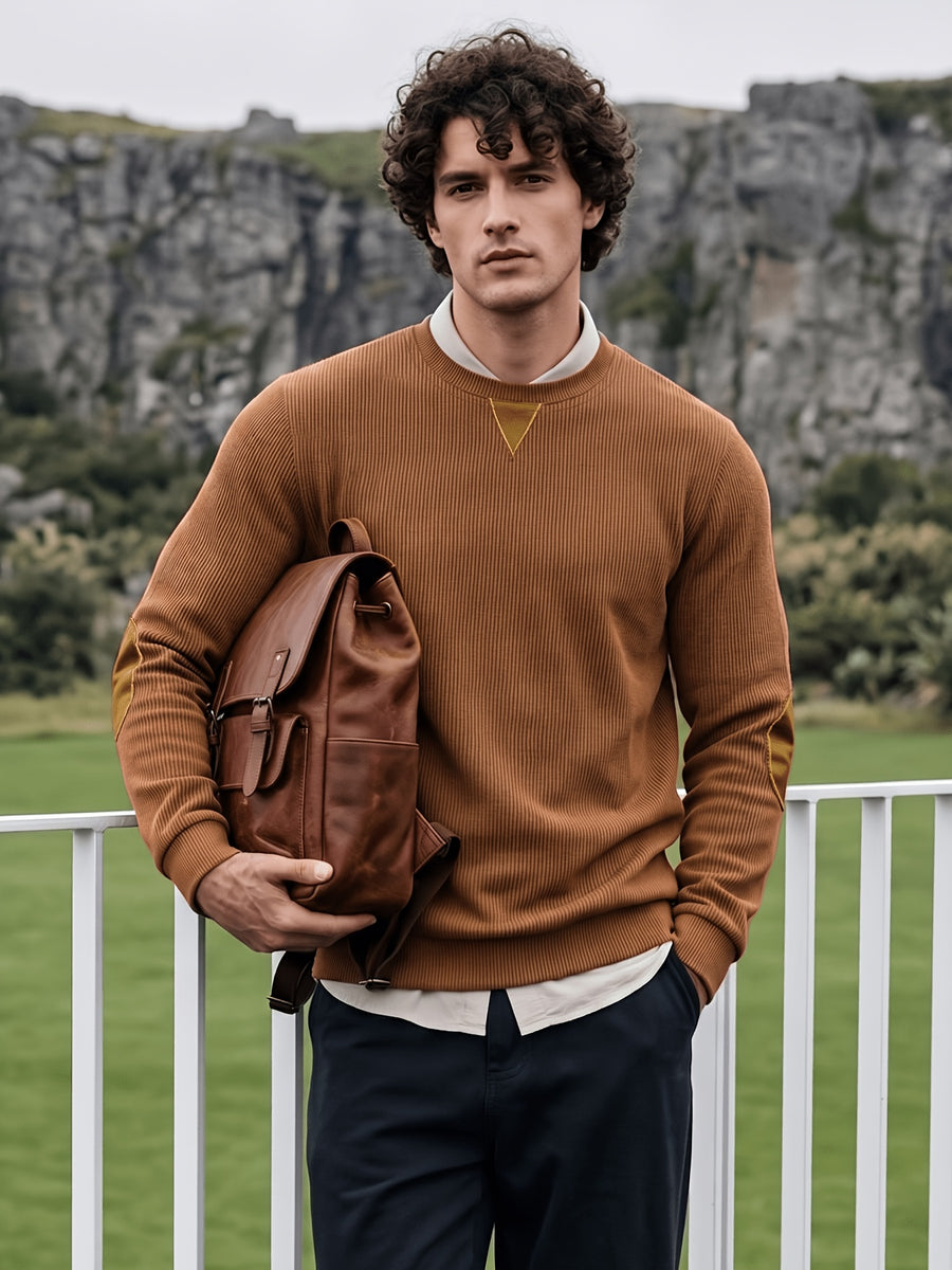 Men'S Corduroy Long-Sleeve Crew-Neck Pullover Leisure Work Outdoor Daily Wear Faux Collar Elbow Patches Design Loose Regular Fit Suitable for Spring, Autumn, And Winter Four Seasons Solid Color Minimalist Tone - Caramel Brown