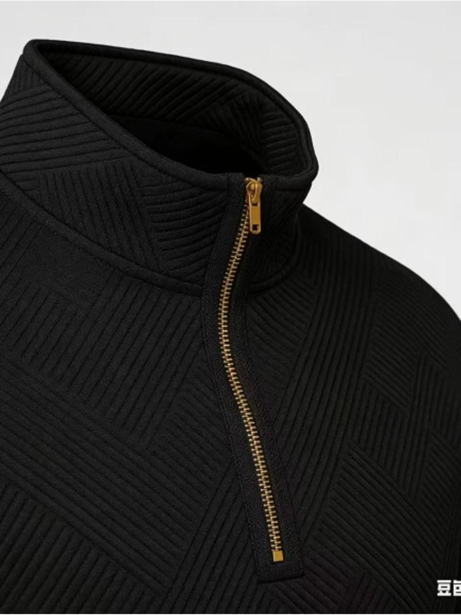 Men'S Fashion Quarter-Zip Pullover Sweatshirts 2pcs, White And Black with Golden Zippers, Textured Diamond Pattern, Polyester Material, Form-Fitting Athletic Cut, Multiple Sizes Available - White+black