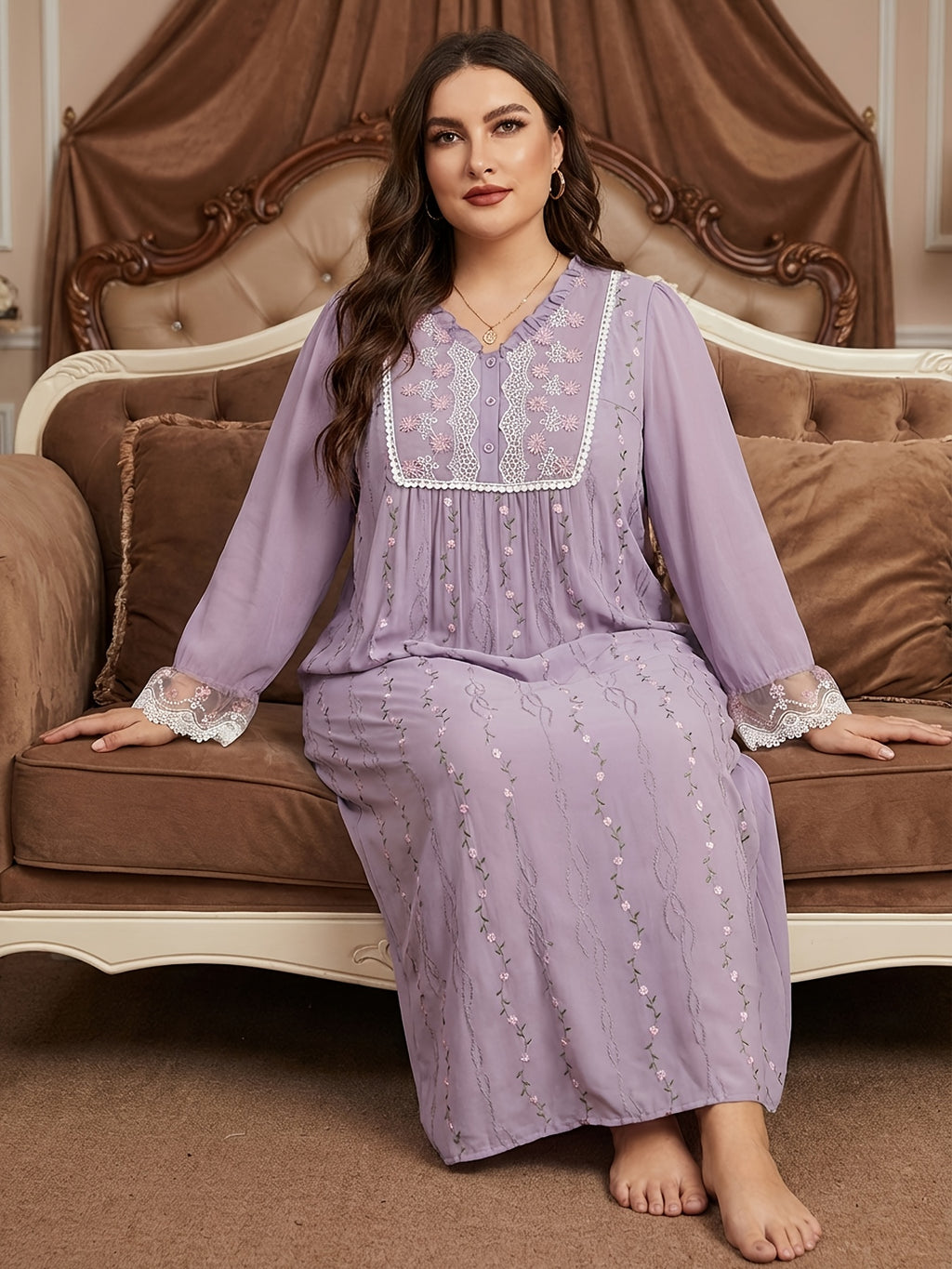 Plus Size Women'S Night Dress | Middle Eastern Style, Non-Stretch Fabric, Floral Pattern, Embroidered Details, All-Season - Light Purple